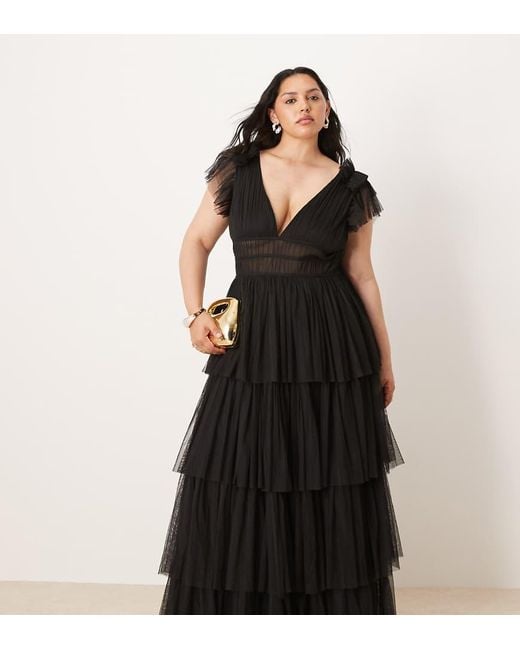 Lace & Beads Plus Black Ruffle Shoulder Tiered Maxi Dress