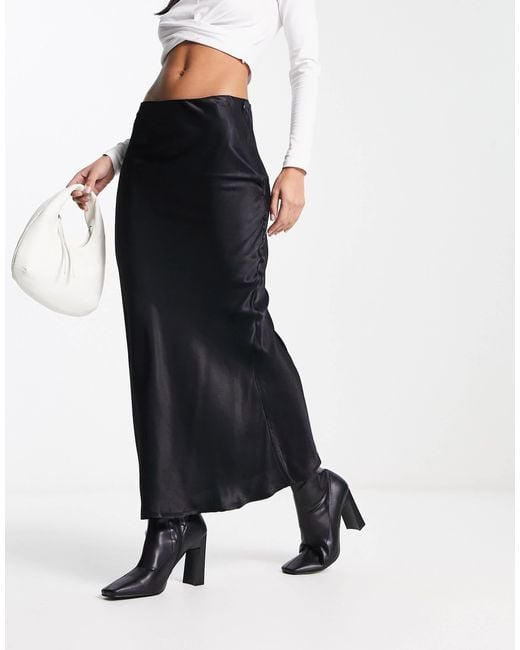 Stradivarius Black Satin Bias Midi Skirt