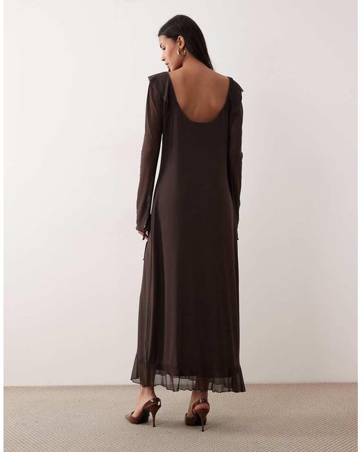 ASOS Brown Frill Neckline Mesh Long Sleeve Midi Dress