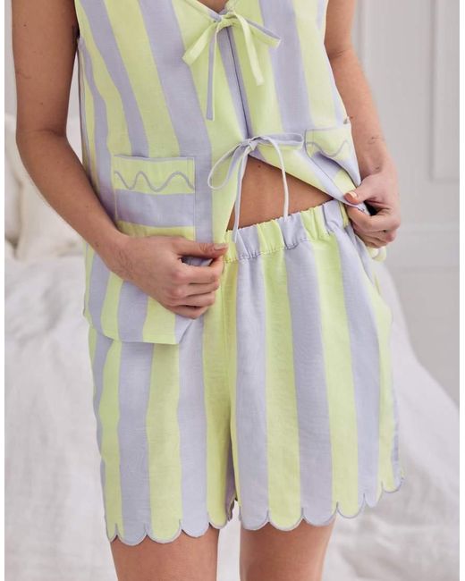 Chelsea Peers Gray Linen Blend Scallop Edge Tie-Front Stripe Cami Short Pyjama Set