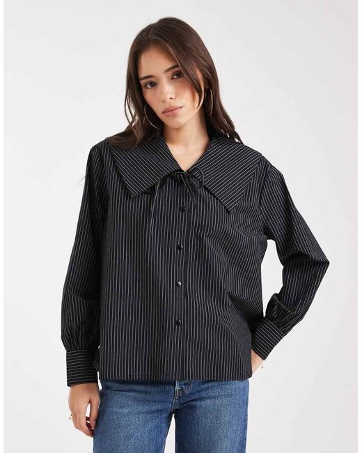 Wednesday's Girl Black Collar Detail Pinstripe Oversized Blouse