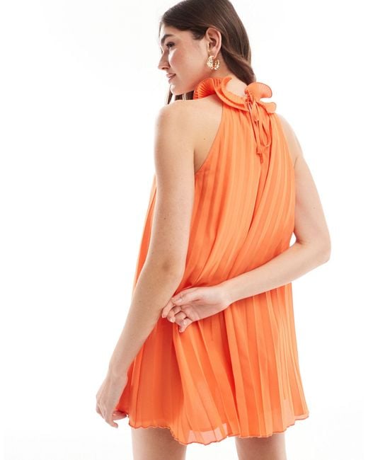 Style Cheat Orange Pleated Mini Dress With Neck Detail