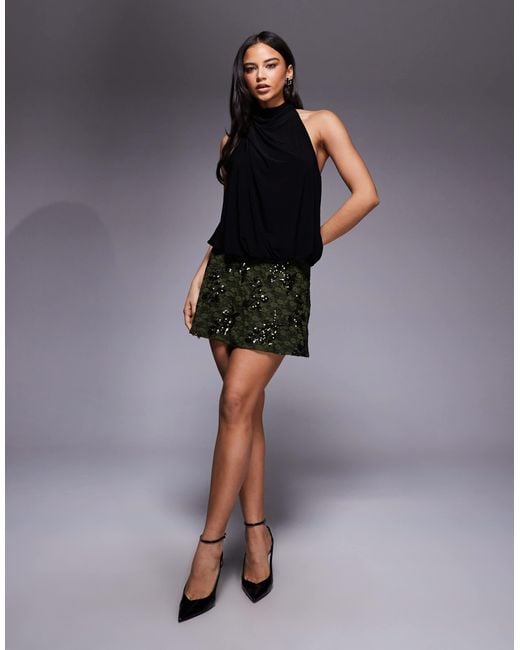 ASOS Black Sequin Lace Halter Mini Dress Draped Bodice