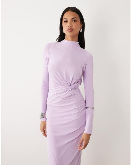 ASOS Pink Long Sleeve Twisted Bust Detail Mesh Maxi Dress