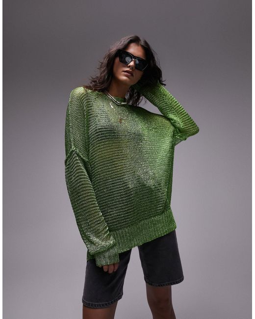 TOPSHOP Green Knitted Open Metallic Oversized Jumper