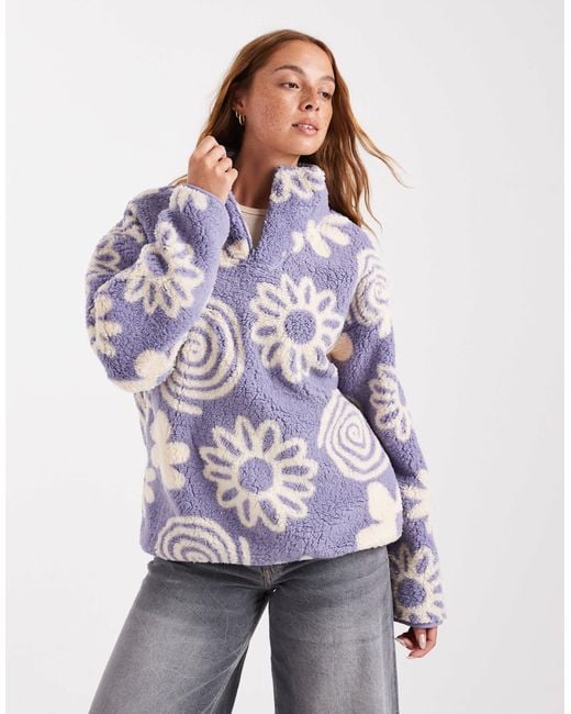 Brave Soul Purple Flower Print 3/4 Zip Fleece