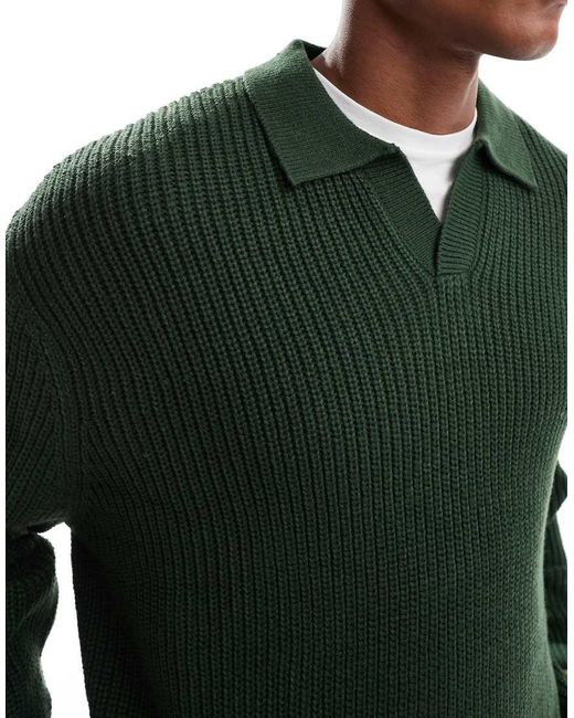 ASOS Green Oversized Knitted Fisherman Rib Notch Neck Jumper for men