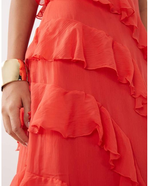Vero Moda Red Smilla Chiffon Cami Ruffle Detail Midi Dress