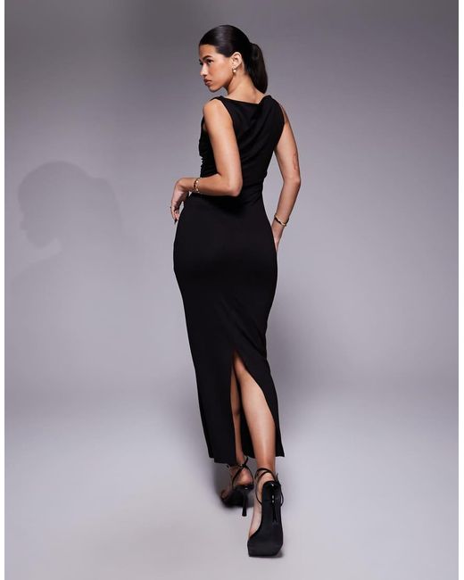 ASOS Black Slash Neck Ponte Midi Dress With Ruched Side Detail