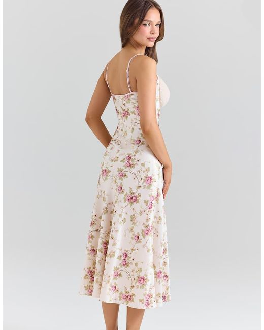 House Of Cb White Felicity Ivory Floral Print Satin Bias Cut Midi Dress