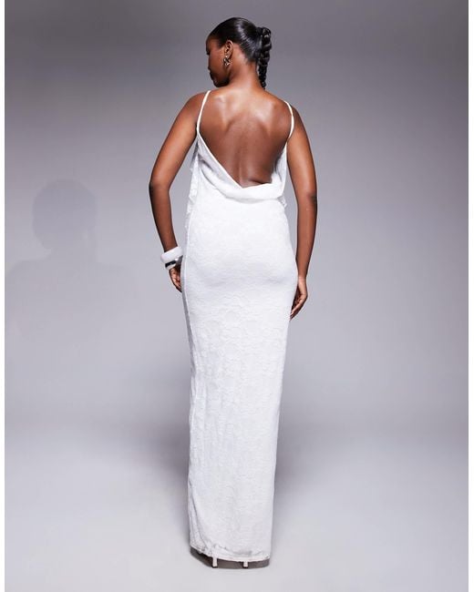 Kaiia White Exclusive Double Layered Slinky Lace Cami Ruffle Detail Cowl Back Maxi Dress