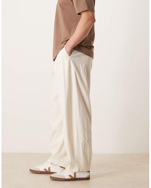 ASOS Natural Smart Pleated Linen Blend Barrel Trousers for men