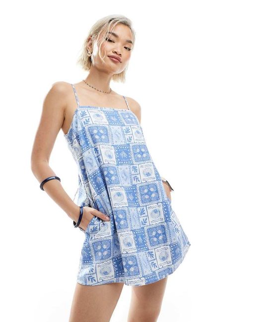 Hollister Blue Square Neck Spaghetti Strap Linen Mini Dress