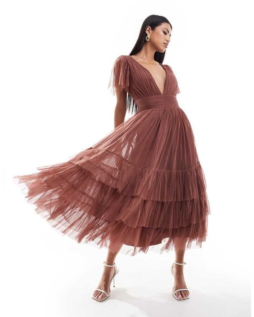 LACE & BEADS Red Madison V Neck Tulle Midi Dress