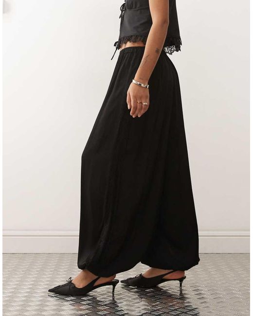 Reclaimed Vintage Black Satin Balloon Lace Trim Side Trouser