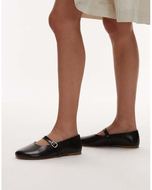 TOPSHOP Black Ash Real Leather Ruched Ballet Flat Shoes With Buckle