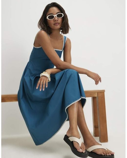 River Island Blue Cotton Whipstitch Pleated Midi Dress