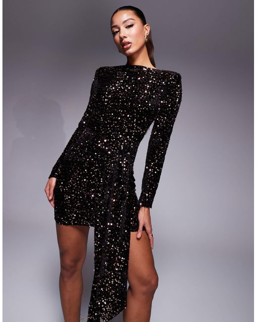 ASOS Black Long Sleeve Shoulder Pad Sequin Mini Dress With Sash Detail