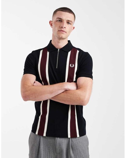 Fred Perry Black Tramline Quarter Zip Stripe Logo Polo Shirt for men