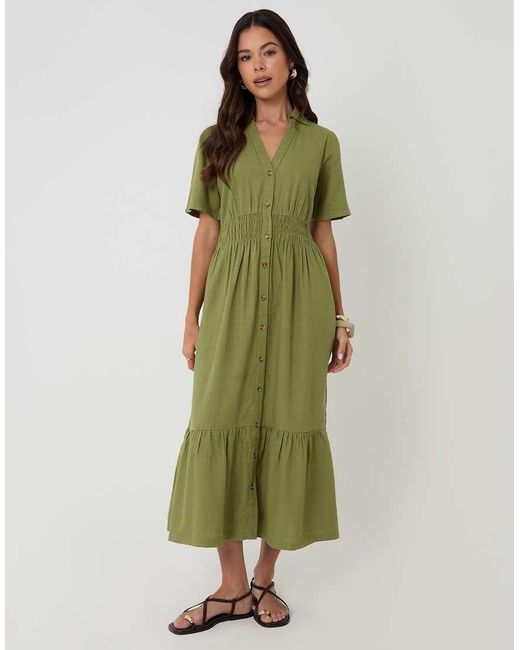 Threadbare Green Tiered Linen Blend V Neck Maxi Dress