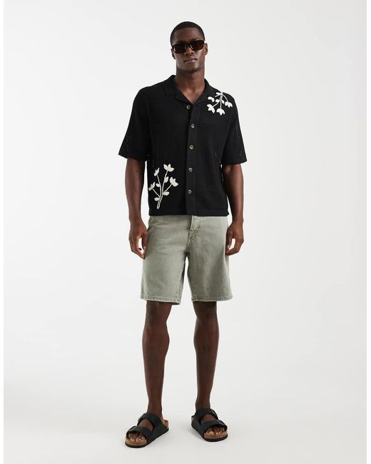 Only & Sons Black Embroidery Detail Open Knit Shirt for men