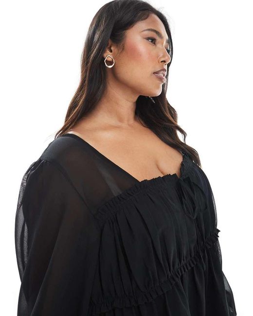 ASOS Black Asos Design Curve Sheer Yoke Ruched Detail Blouse