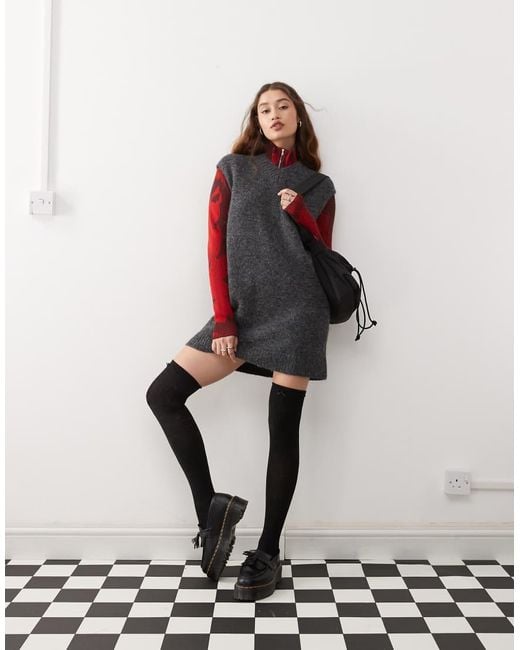 Weekday Red Kayla Wool Blend Knitted V Neck Vest Mini Dress