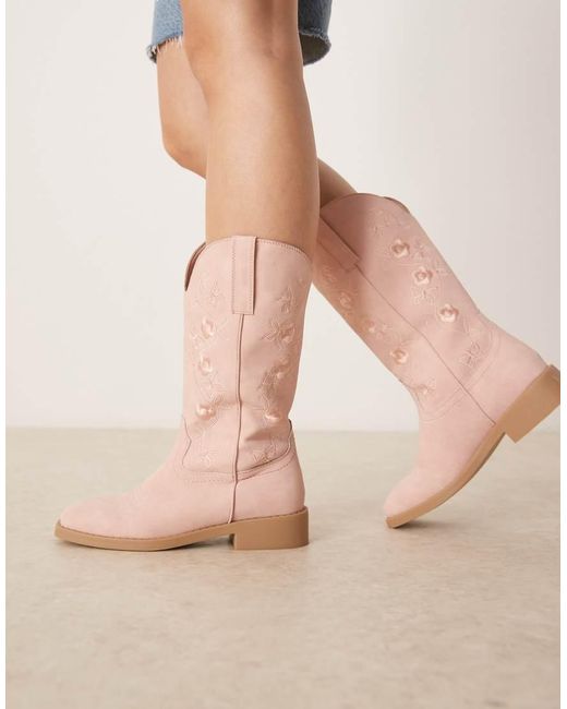 Glamorous Natural Embroidered Western Knee Boots