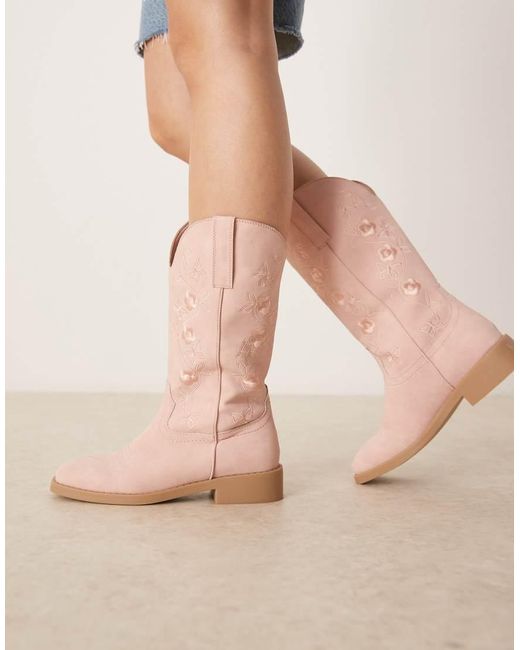 Glamorous Natural Embroidered Western Knee Boots