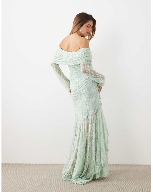 ASOS Green Lace Off The Shoulder Long Sleeve Maxi Dress