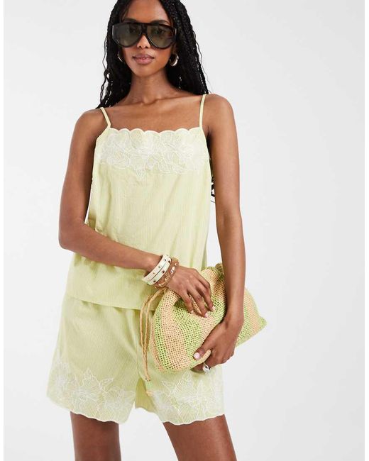 Pieces Green Floral Embroidered Cami Top
