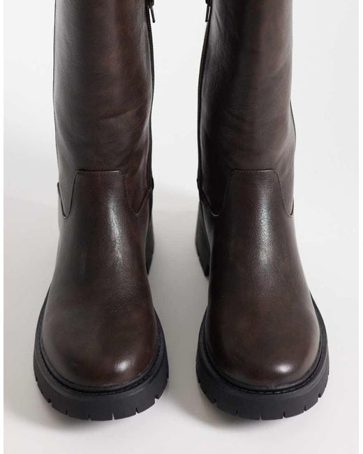 London Rebel Black Trista Chunky Knee Boots With Buckle Details