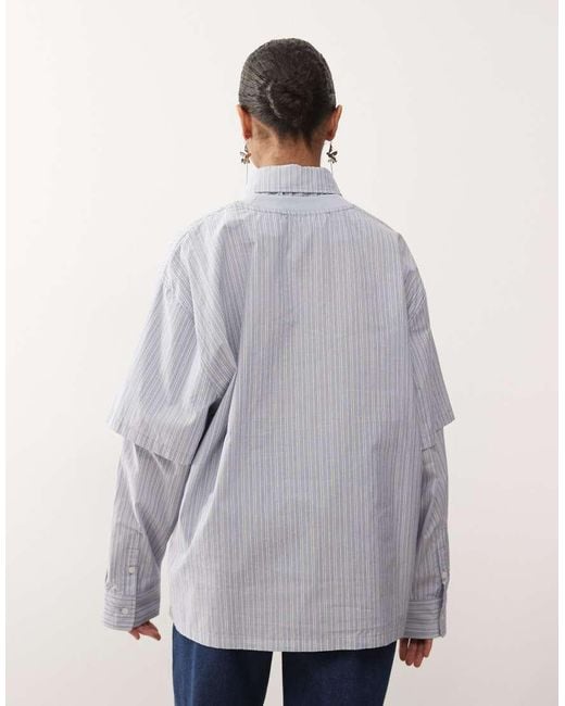 Lioness Gray 2 In 1 Oversized T-shirt Overlay And Striped Long Sleeve Shirt In Blue And White Stripe (part Of A Set)