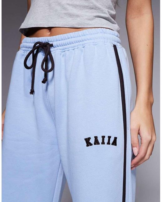Kaiia Blue Cotton Rich Embroidered Logo Contrast Stripe Detail Wide Leg joggers Co-ord