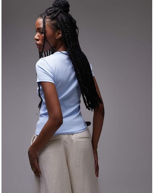 T-Shirt A Coste Celeste Con Stemma di Tommy Hilfiger in Blue