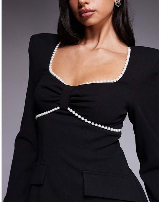 ASOS Black Structured Long Sleeve Mini Dress With Pearl Trim And Pleated Skirt