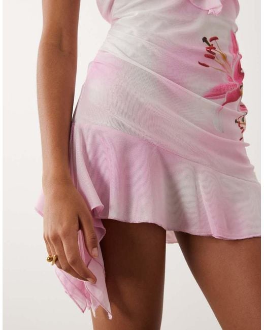 I.AM.GIA Pink Vira Mesh Plunge Halterneck Ruffle Draped Waist Detail Mini Dress