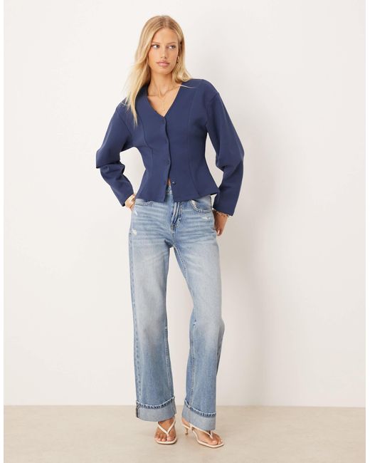 ASOS Blue Curved Cocoon Sleeve Button Through Co Ord Top