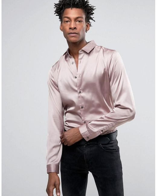 ASOS Regular Fit Sateen Shirt In Dusty Pink for men