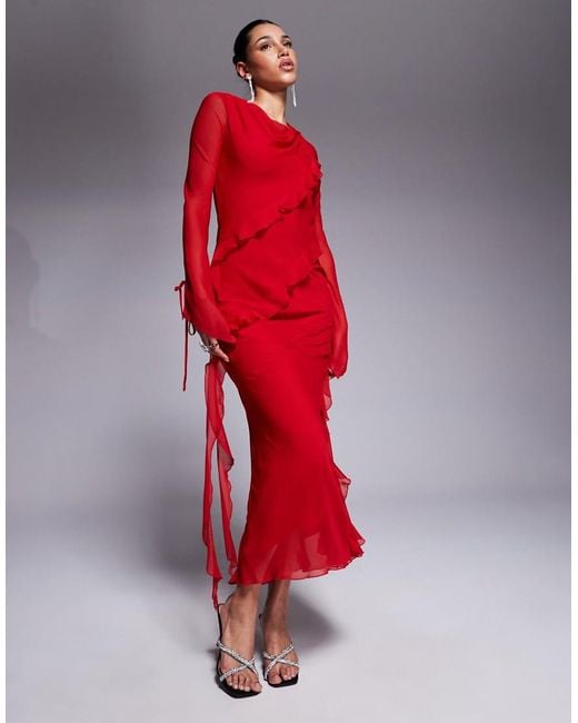DASKA Red Chiffon Maxi Dress With Frill Details