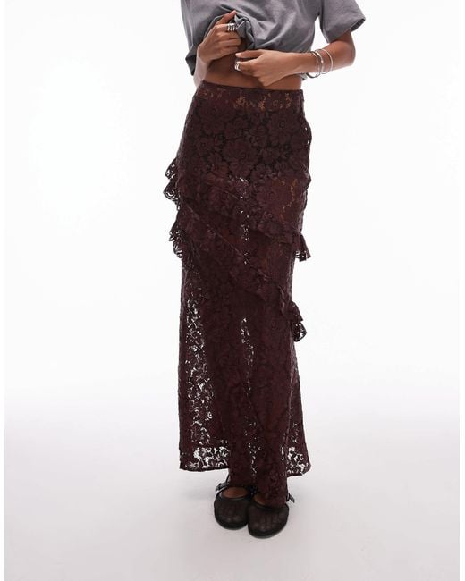 Jupe longue à volants en dentelle transparente - bordeaux TOPSHOP en coloris Red