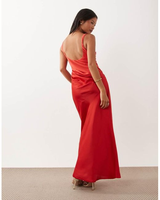 ASOS Red Asos Design Petite Deep Scoop Neck Maxi Dress With Asymmetric Draped Skirt Overlay