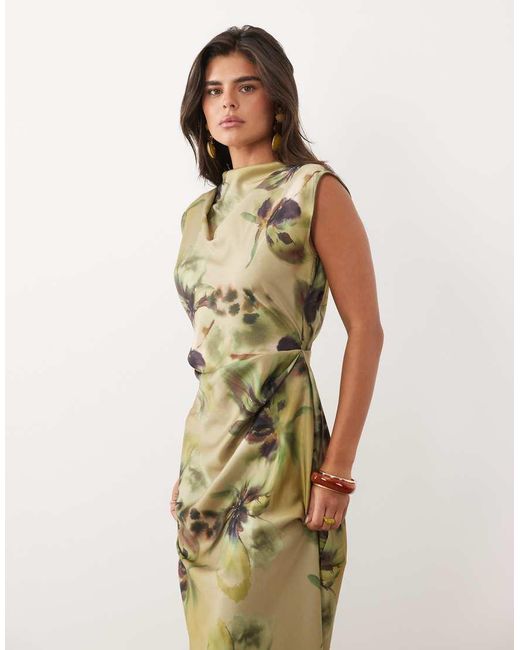 ASOS Natural Satin High Neck Pleated Bodice Midi Dress