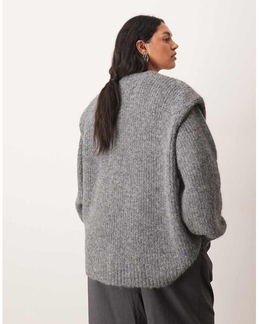 ARRANGE Gray Curve Rib Knitted Shoulder Pad Jumper