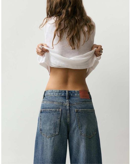 Pull&Bear Blue Loose Straight Leg Jeans With Turn-Up Hems