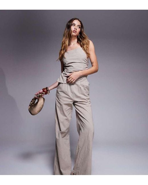 Kaiia Purple Exclusive Linen Blend Look Halter Square Neck Ruched Detail Top Co-Ord
