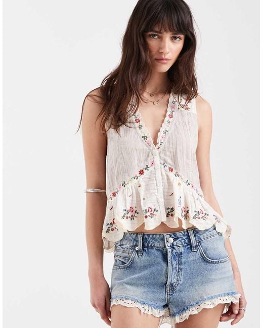 Free People White Ellis Blouse With Embroidery Flowers