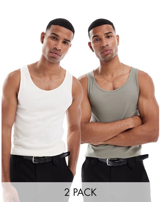 ASOS – 2er-pack gerippte basic-muskelshirts in White für Herren