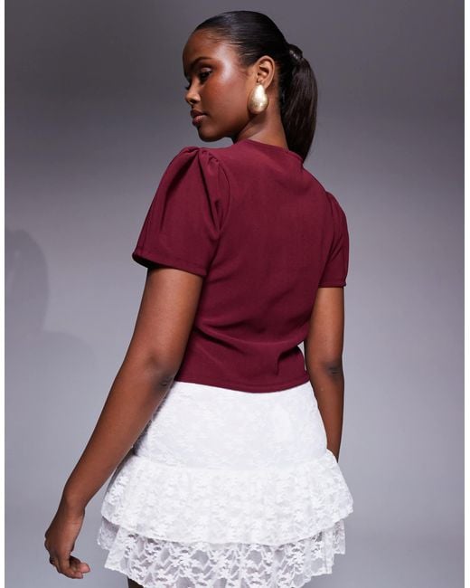ASOS Red Ribbed Puff Sleeve Structu Button Through Top