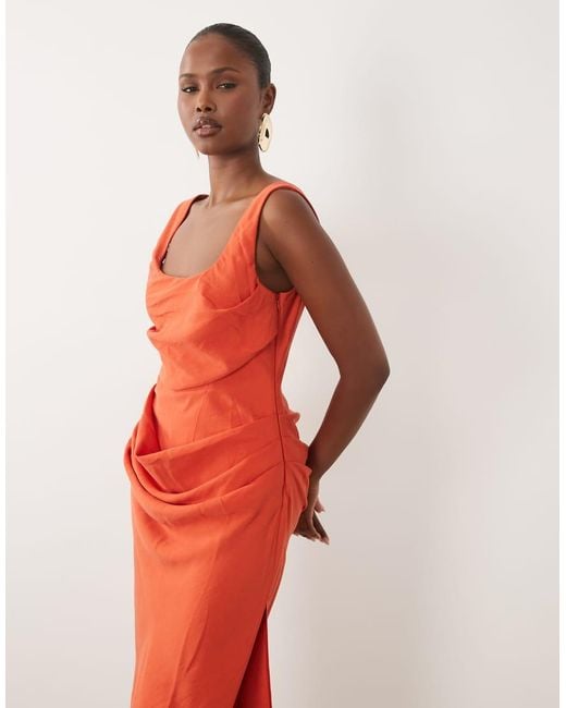 ASOS Red Square Neck Draped Bodice And Waist Detail Maxi Dress With Side Split